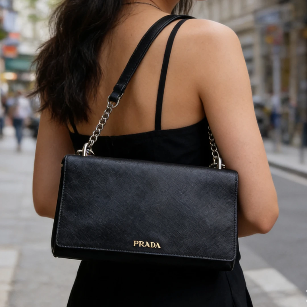 95新 Prada/普拉达 黑银十字纹皮拼尼龙粗链条单肩斜挎包92920018