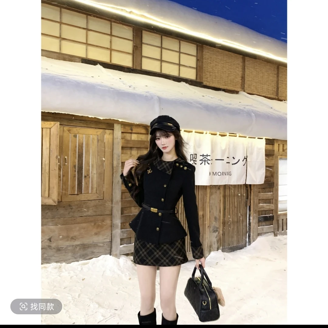 溪溪靓衫英伦骑士 法式名媛气质呢子外套格纹半裙千金风套装女