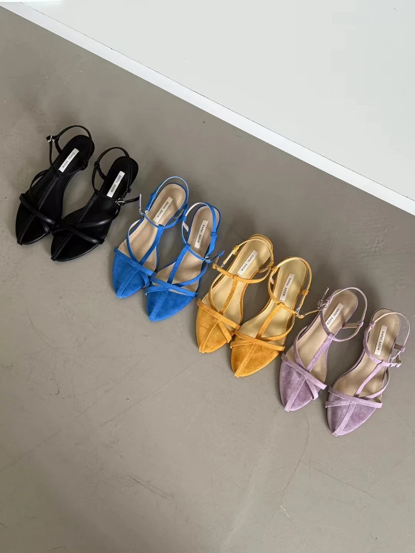 M361夏季法式绒面尖头时尚凉鞋一字带气质露趾罗马女鞋粗跟百搭女