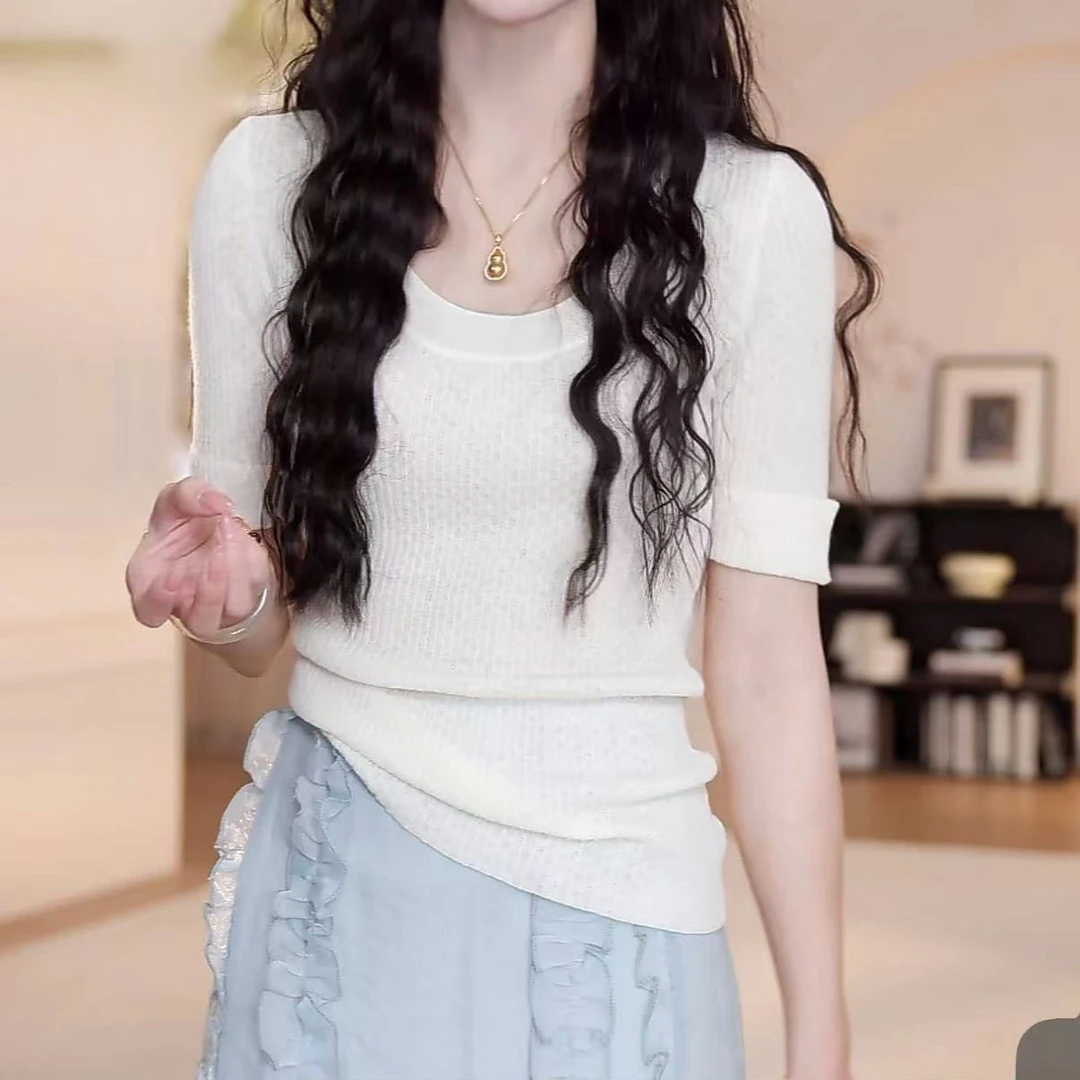 设计感U领纯色坑条短袖针织衫2025春夏新款时尚气质简约圆领上衣