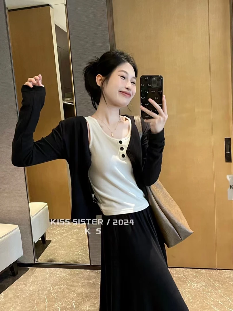 2587韩版舒适慵懒小开衫高弹背心显瘦半身裙显瘦三件套装