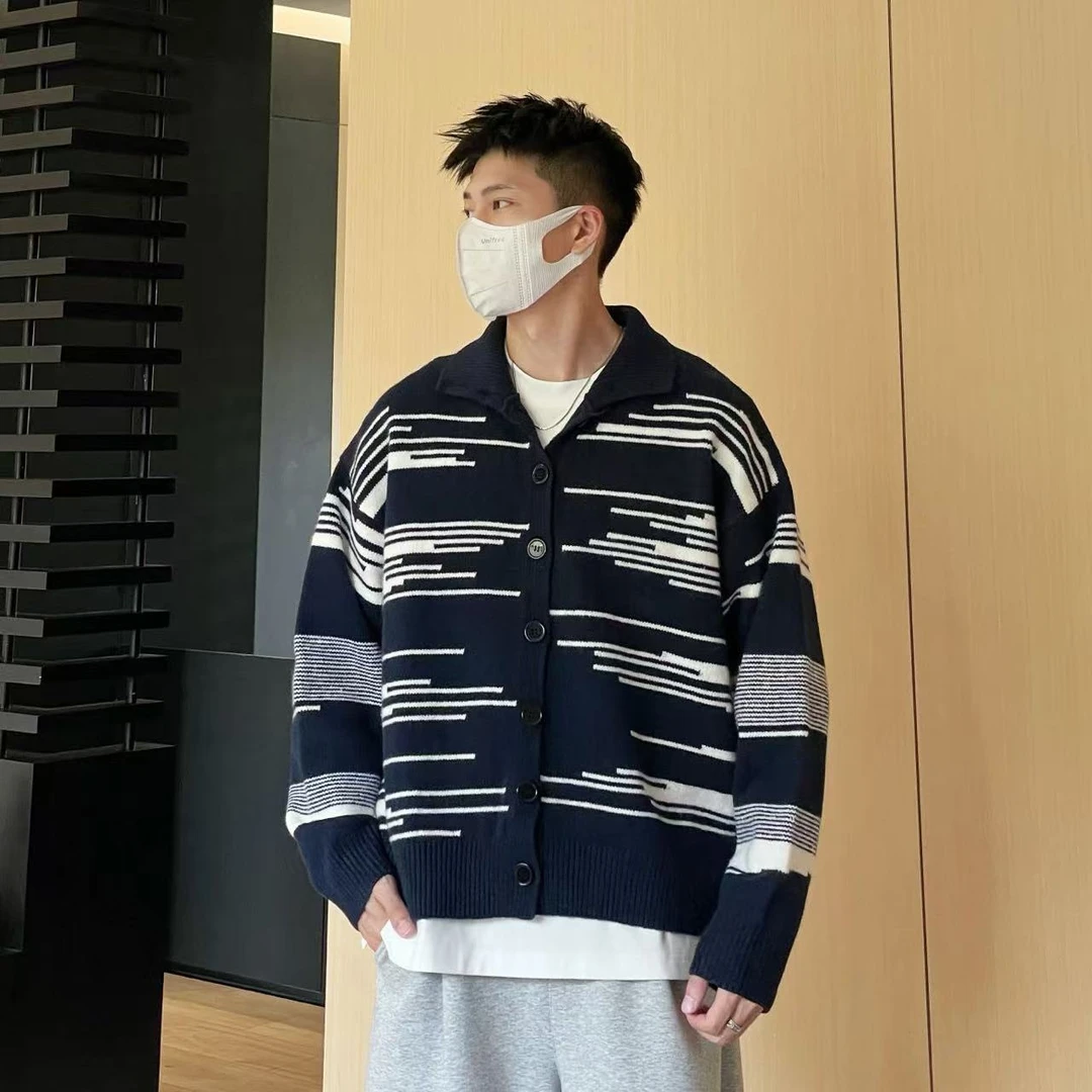 屁屁雪丨【撞色条纹】早秋新款毛衣开衫男女同款宽松百搭情侣针织衫