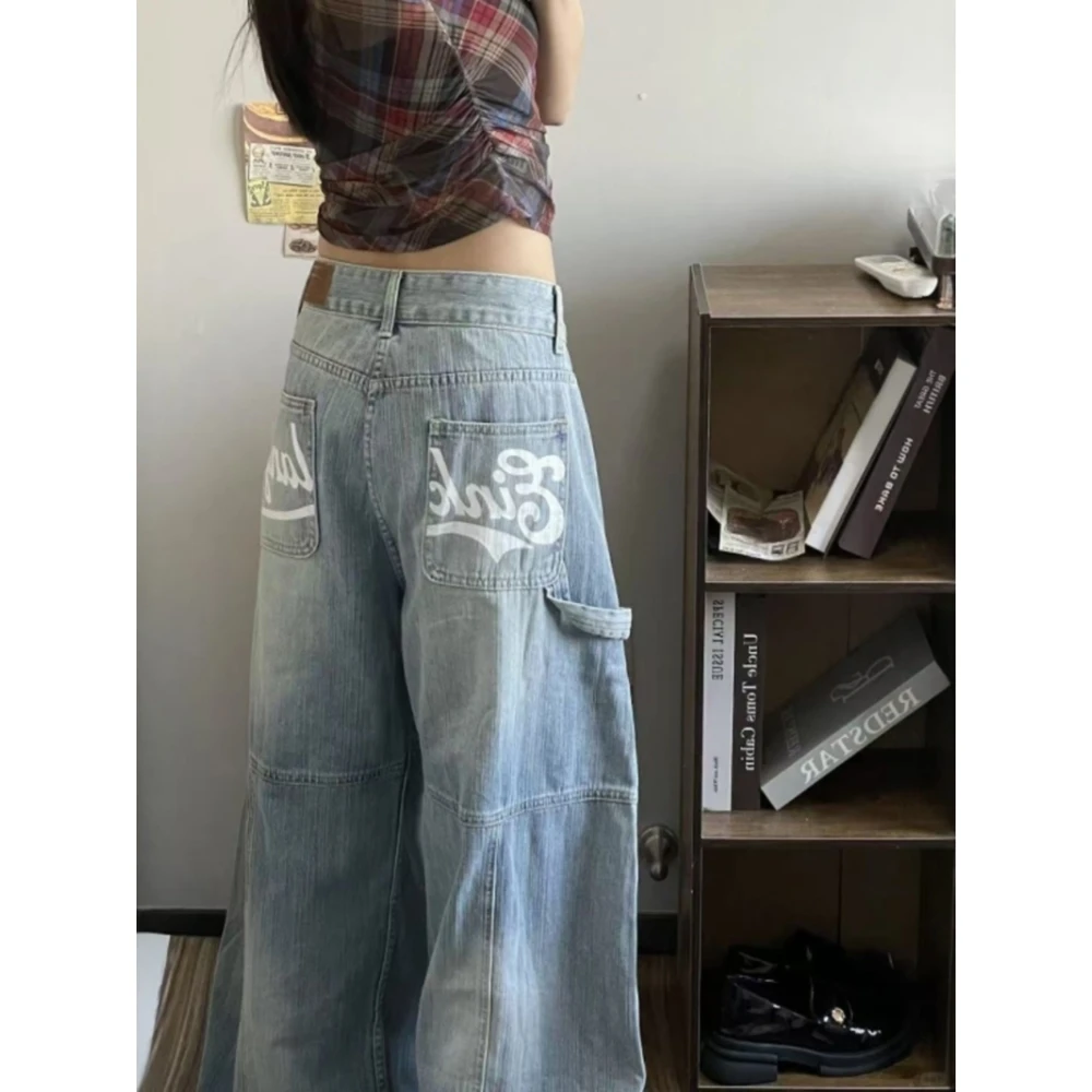 【清仓+运费险】美式印花牛仔裤女2025秋冬水洗阔腿休闲直筒工装裤