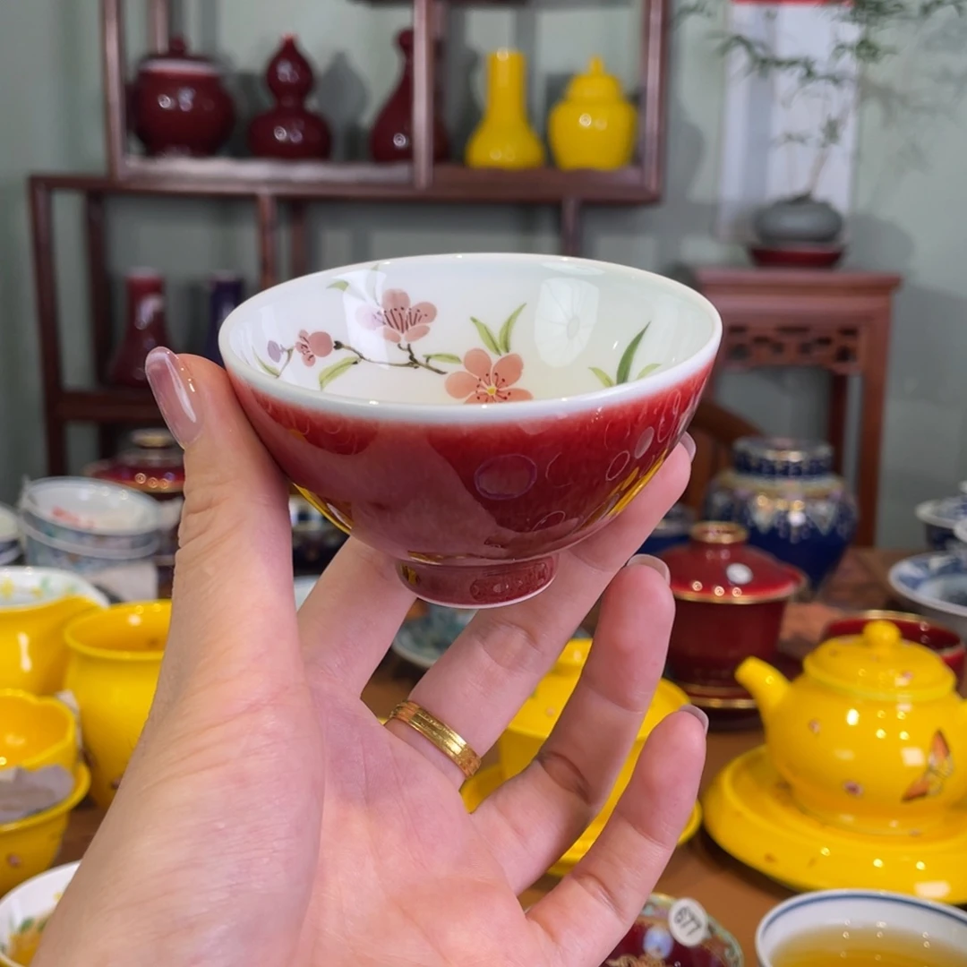 清欢雅玩原矿郎红精品内绘桃花鸡心杯