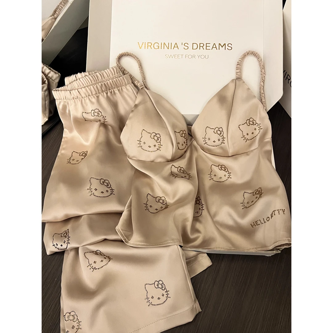 HelloKitty烫钻带胸垫睡衣女夏季冰丝纯欲吊带背心长裤家居服套装