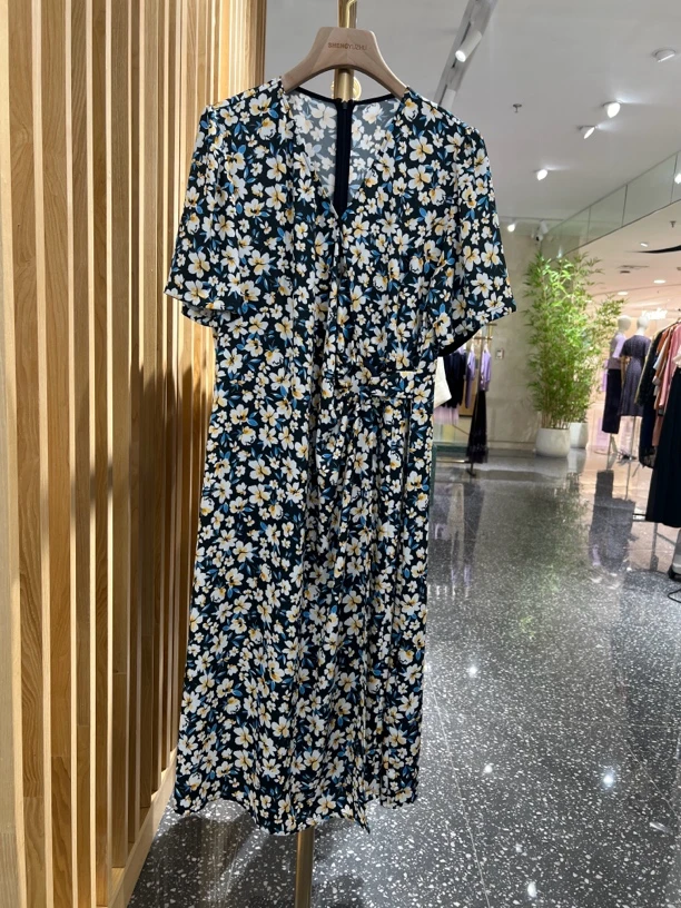 声雨竹1H914夏季碎花短袖通勤气质优雅收腰显瘦中长款连衣裙