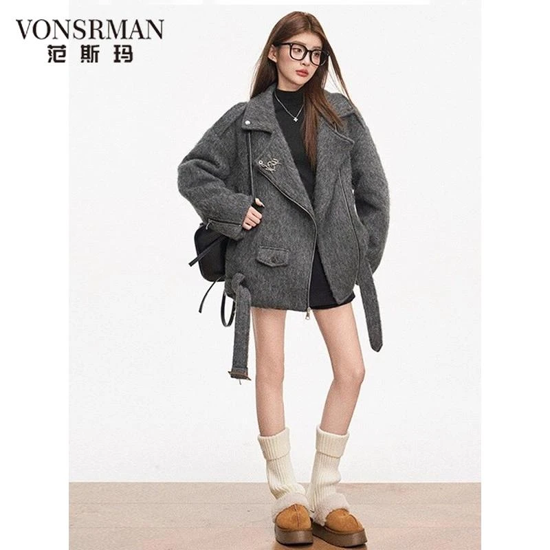 范斯玛灰色短款毛呢外套女小个子2025冬季新款韩系加厚高级感大衣