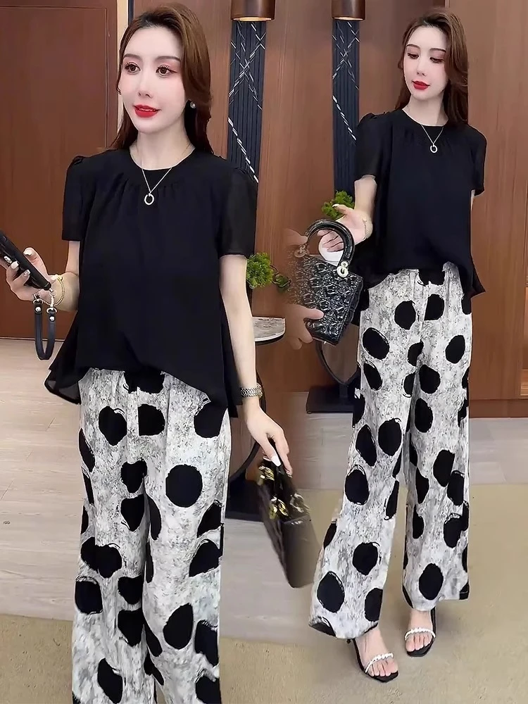 2025夏季新款雪纺连体裤套装女洋气显瘦遮肚短袖上衣阔腿裤两件套