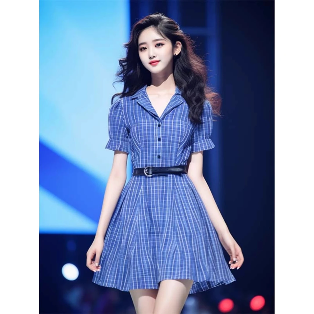 今年流行漂亮风情万种高端精致显瘦法式小香风蓝色格子连衣裙女夏