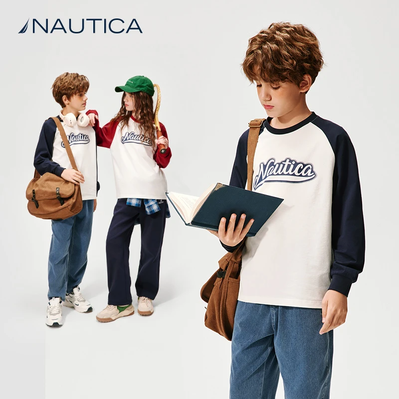 NAUTICA/诺帝卡童装 长袖T恤春秋季儿童重磅插肩袖美式复古