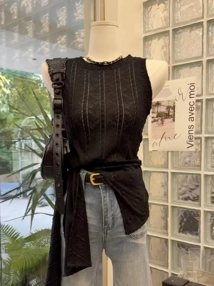 韩版设计感修身不规则收腰绑带无袖时尚背心女夏外穿时尚蕾丝上衣