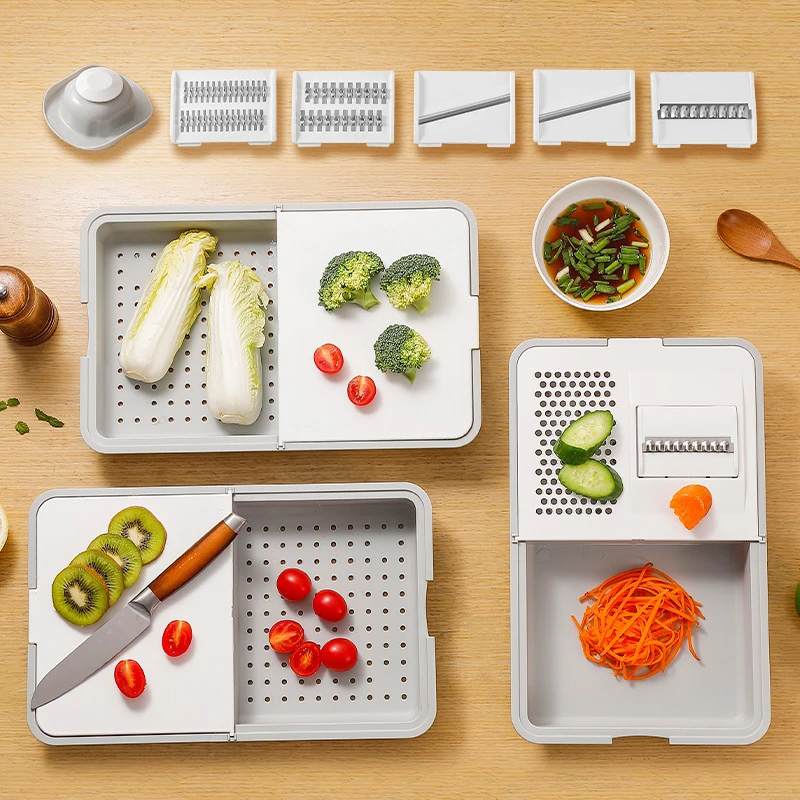 多功能刨丝收纳盒厨房菜板洗菜切菜六合一小工具家用双分格托菜盘