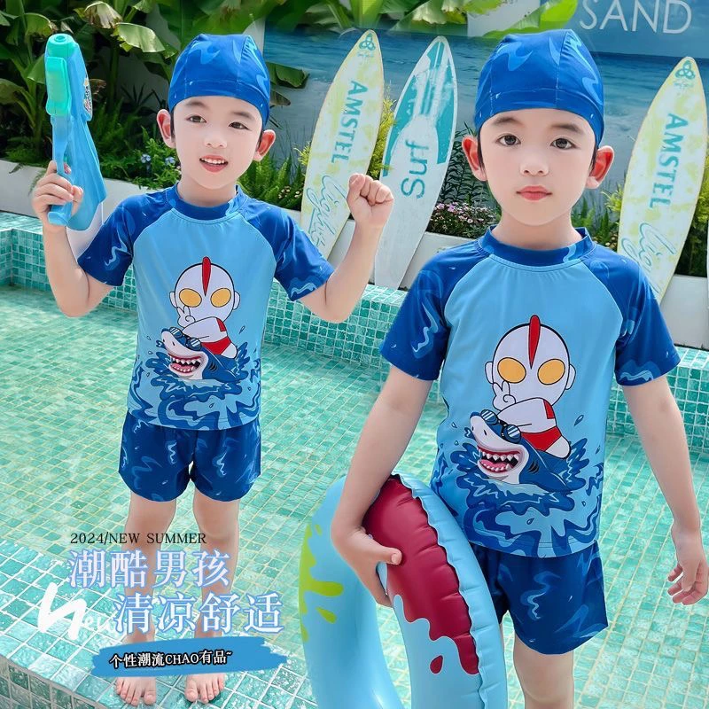 小男孩赛罗奥特曼新款泳衣时尚幼儿游泳衣夏季卡通速干分体式套装