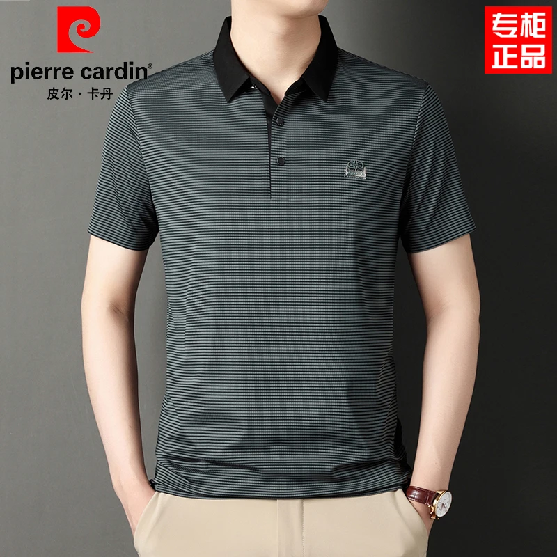 皮尔卡丹2025新款男士桑蚕丝条纹短袖体恤商务休闲时尚polo衫上衣
