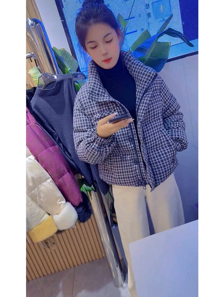 欧洲站2025冬季新款时尚百搭显瘦韩版休闲风格子立领拉链棉服外套