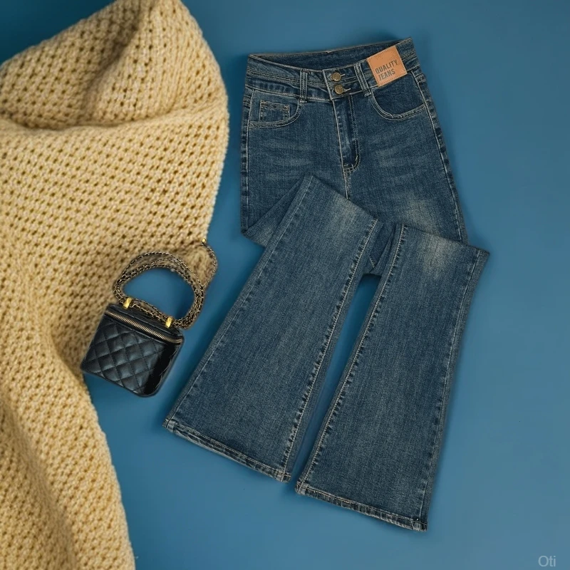 高腰微喇牛仔裤裤子女复古蓝遮肉显腿长秋冬辣妹风双排扣加厚