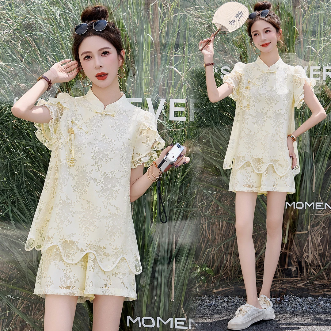 时尚套装短袖中式短裤中国风连衣裙小个子重工气质蕾丝显瘦网红