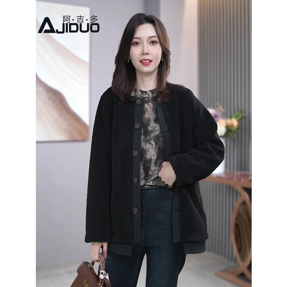 新款小香风羊羔绒上衣女秋冬2025新款胖mm宽松显瘦单排扣毛绒外套