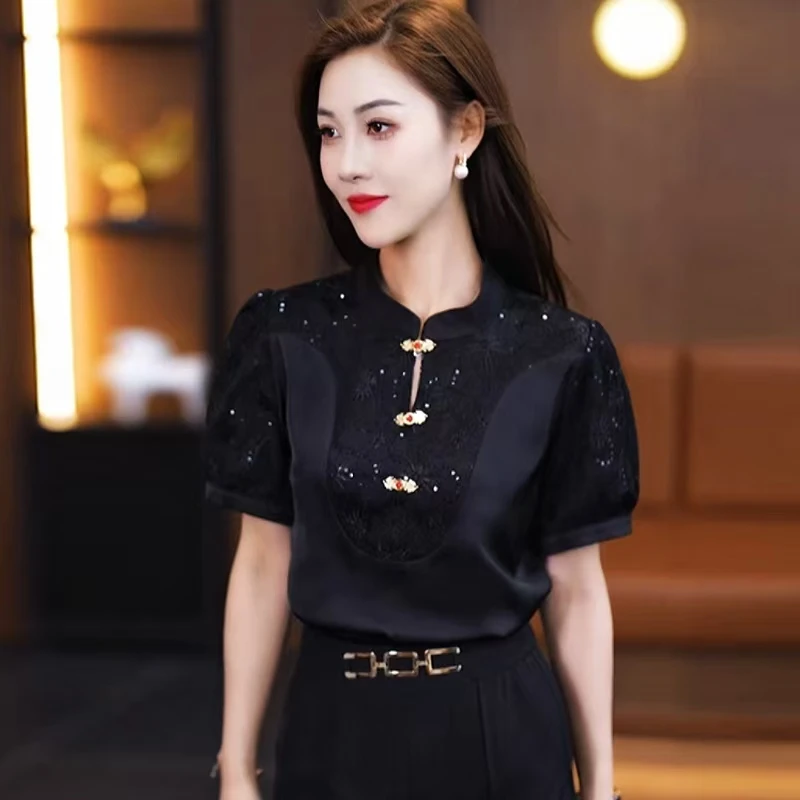 新中式立领衬衫女2025夏季新款设计感国风短袖衬衣蕾丝亮片小衫