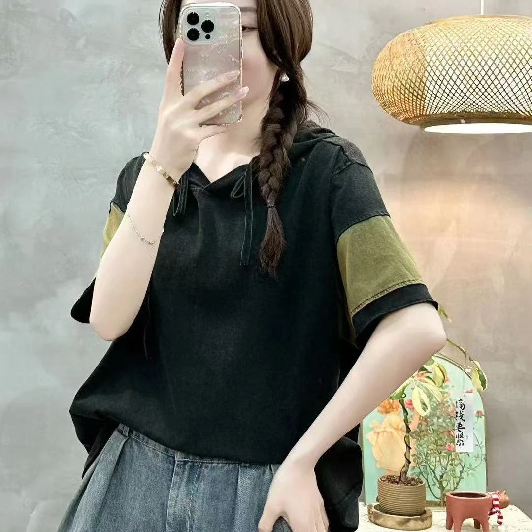 夏季复古做旧连帽短袖T恤女时尚宽松百搭拼接撞色上衣潮429