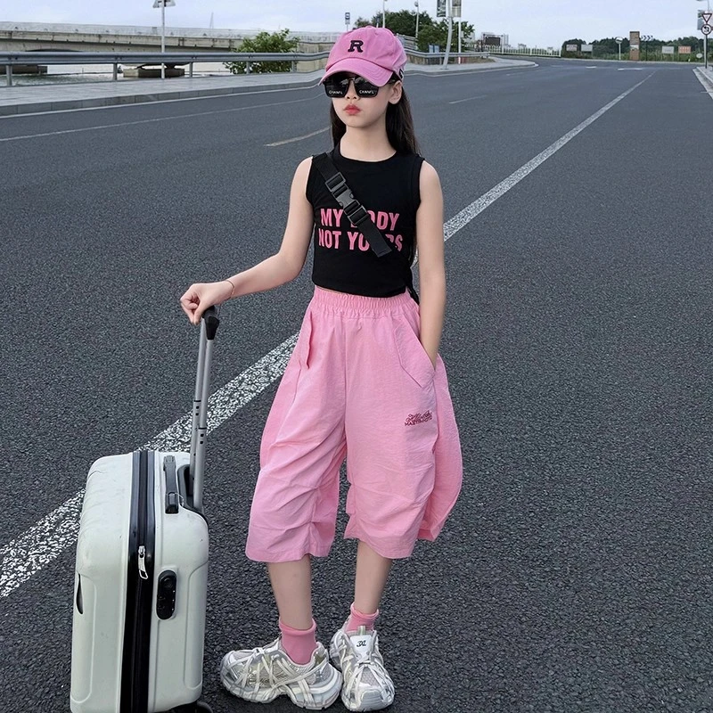 女童夏季背心运动裤2025新款儿童洋气时髦速干中裤中大童女孩五分