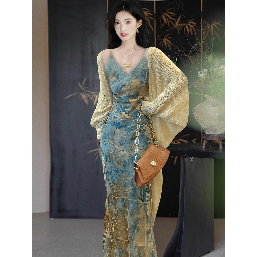 HX现货国风新中式轻奢千金风吊带连衣裙气质鱼尾长裙&防晒空调开