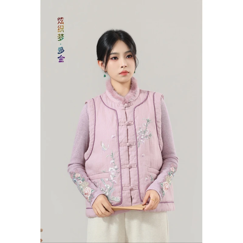 炫织梦多金2025冬宽松常规款马夹女立领刺绣民族风厚款3388复古