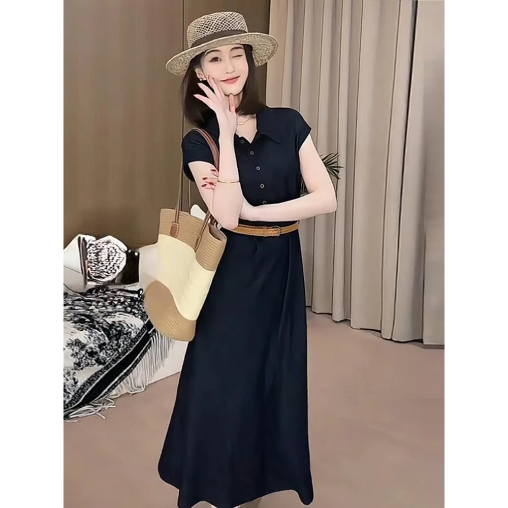 03款软牛仔法式高级感polo领短袖显瘦时尚通勤连衣裙+腰带两件套