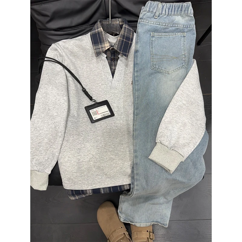 假两件拼接衬衫领卫衣男款秋冬季刺绣学院风长袖t恤设计感打底衫