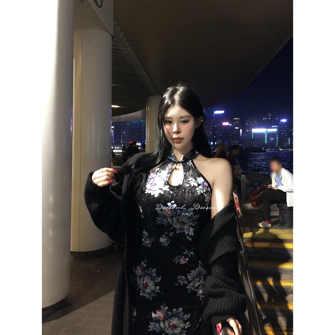 黑泽玄七“紫鸢吟”｜ 矜贵 高弹钻石丝绒 冬宴旗袍裙