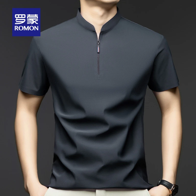 罗蒙夏季新款轻盈商务纯色短袖修身男士上衣薄款半拉链立领T恤潮