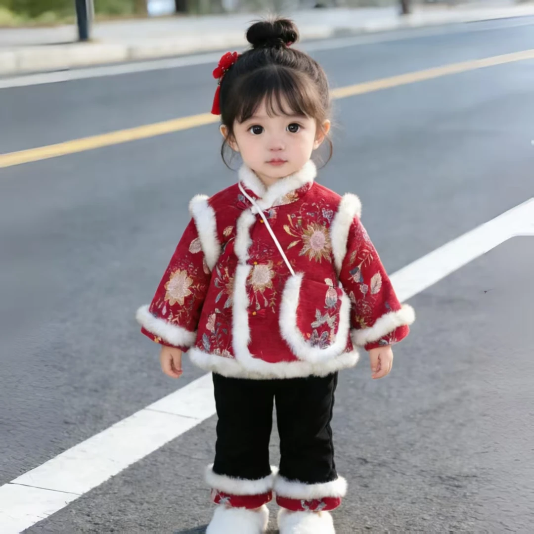 2026新款儿童加绒加厚拜年服套装女童新年装宝宝过年衣服两件套