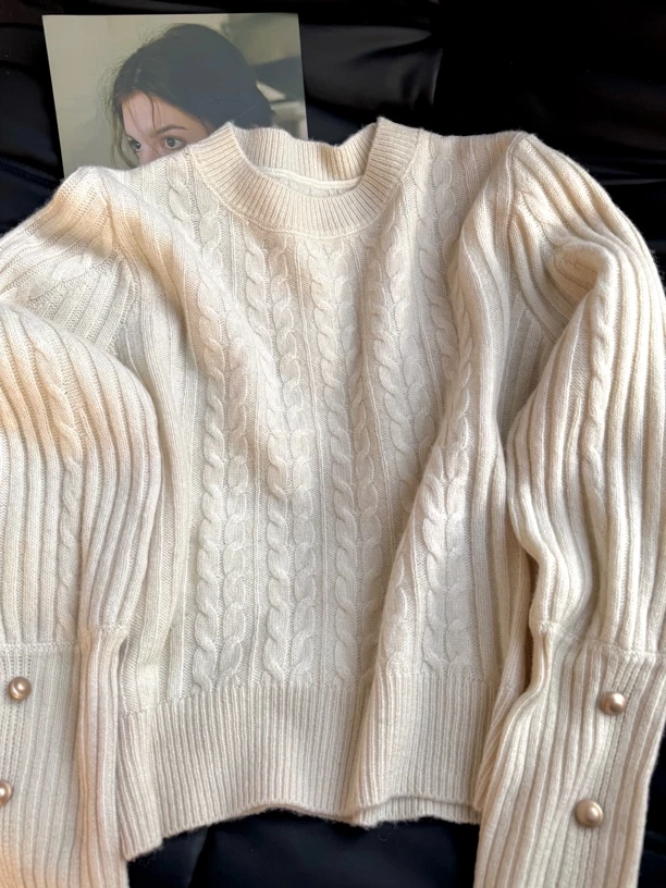 法国复古百搭圆领麻花毛衣女设计感小众宽松针织衫9625