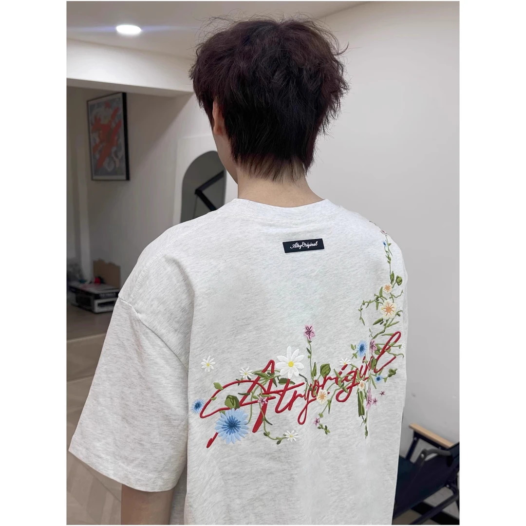 2025新款夏季刺绣花卉短袖t恤男士宽松情侣潮牌潮流纯棉重磅上衣