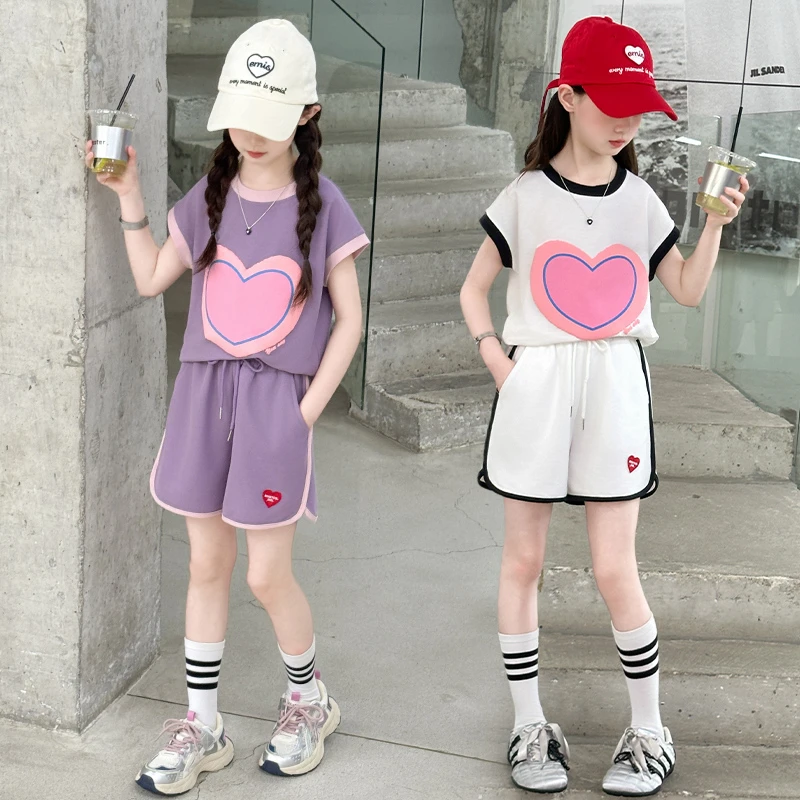 女童夏季套装2025新款5-13岁中大童休闲洋气针织短袖短裤两件套15