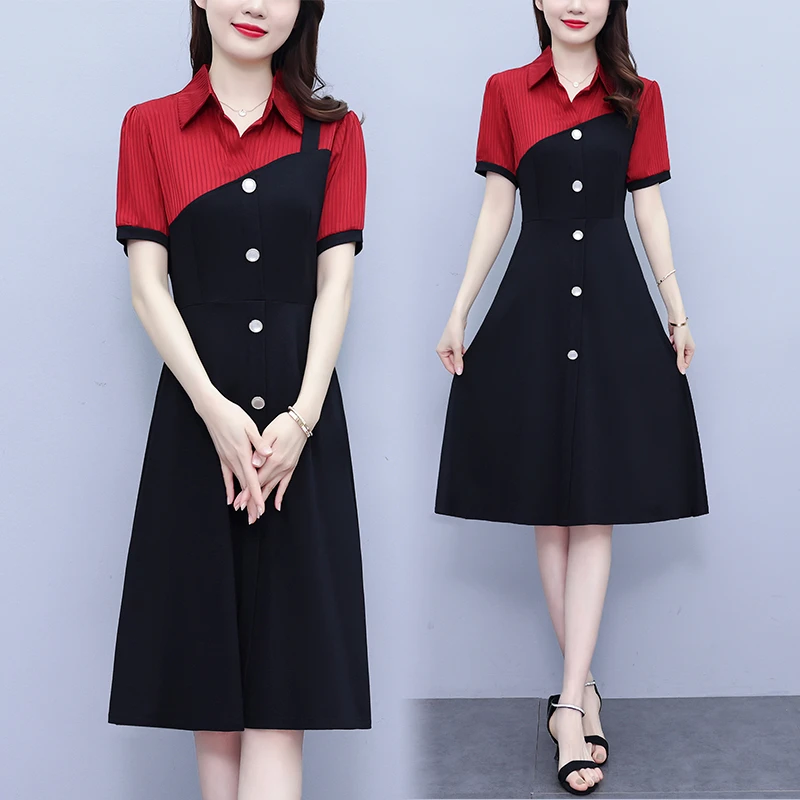 时尚洋气大码女装胖mm拼接中长款修身显瘦短袖打底连衣裙2025外穿