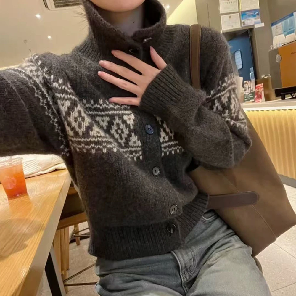 【菱格】韩国东大门代购宽松秋冬厚款高领女装毛衣外套-9623