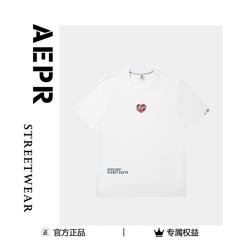 aepr「爱心」印花潮牌短袖T恤圆领白色宽松纯棉休闲上衣夏季卡通