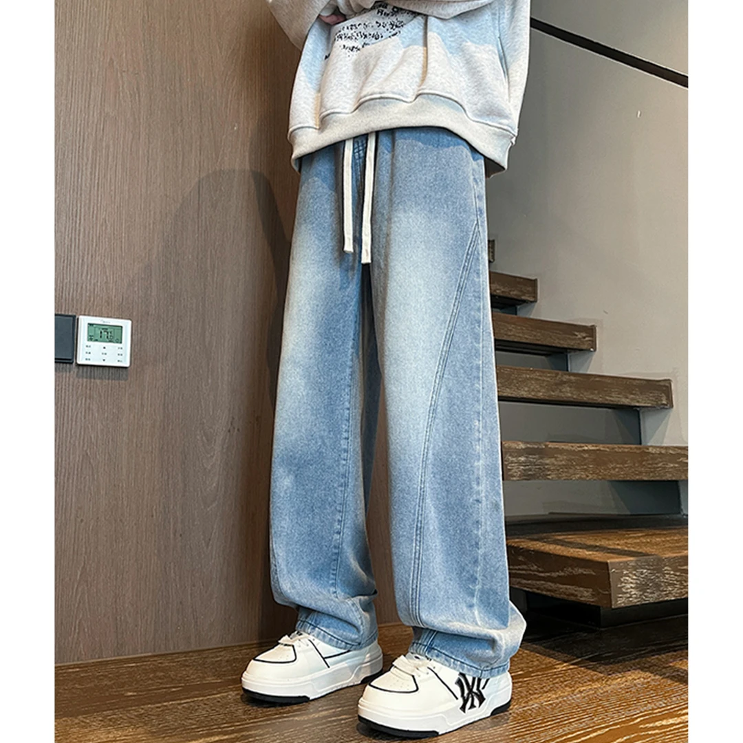 美式复古水洗弯刀牛仔裤男女阔腿渐变直筒裤宽松秋季垂感做旧裤子