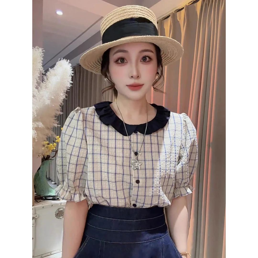 2025夏季新款娃娃领撞色格子衬衫衬衣女韩系时尚休闲百搭短袖上衣