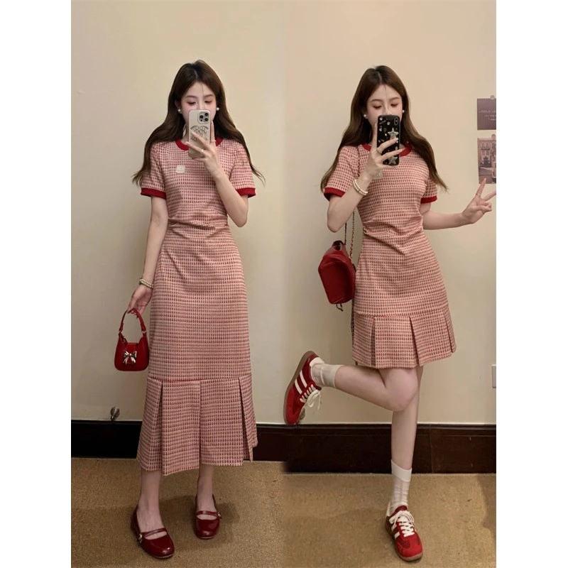 大码高级感短袖连衣裙女2025新款夏季圆领裙子胖MM遮肚显瘦A字裙