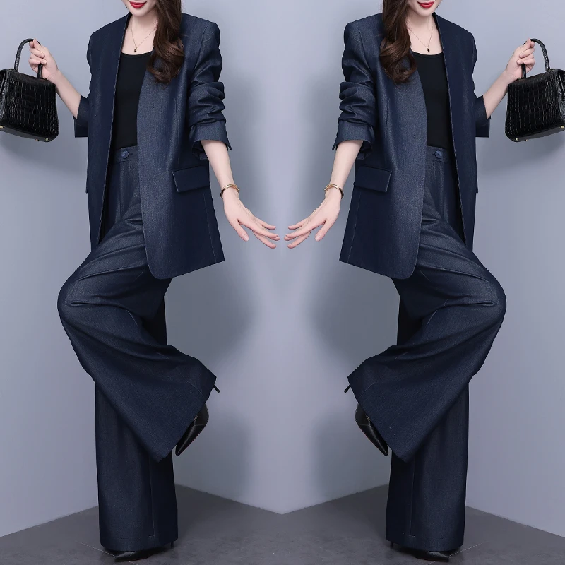 高端蓝色西装三件套女装2025秋季新款高腰阔腿裤总裁气质时尚套装
