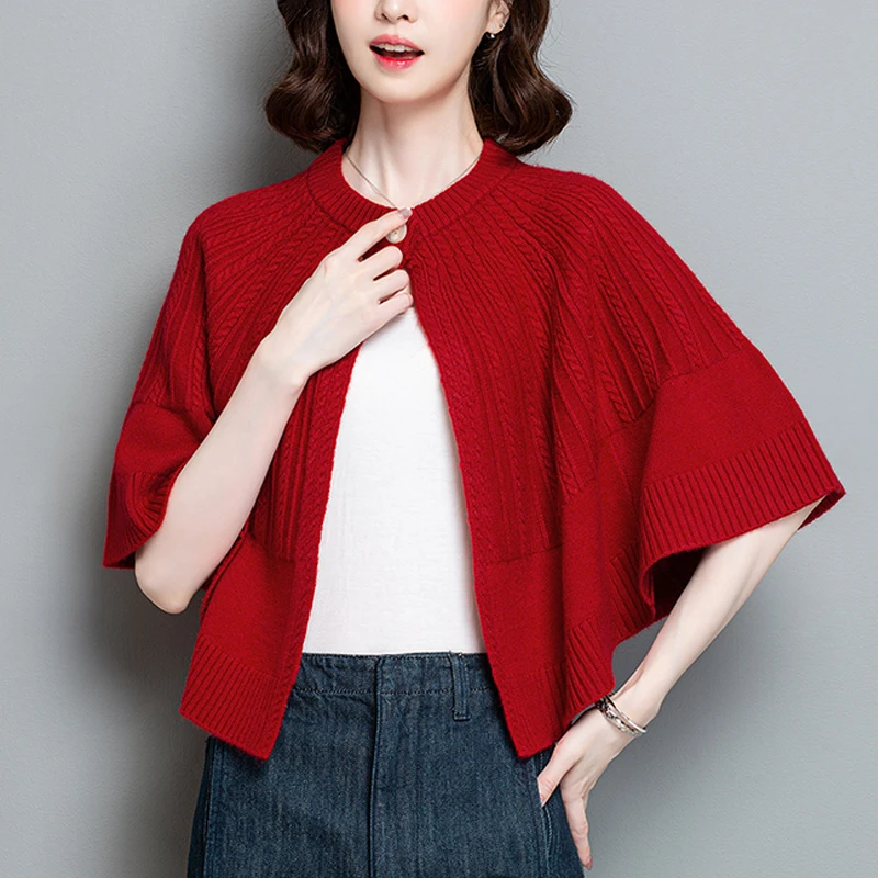 正品哥弟新款女装2025秋款针织羊毛宽松型韩版开衫百搭短款披肩