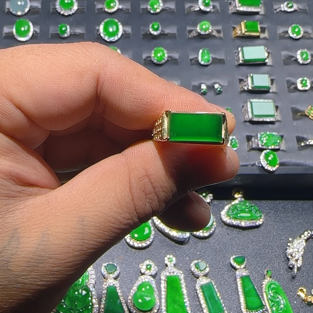 翡翠银S925镀金镶嵌戒指