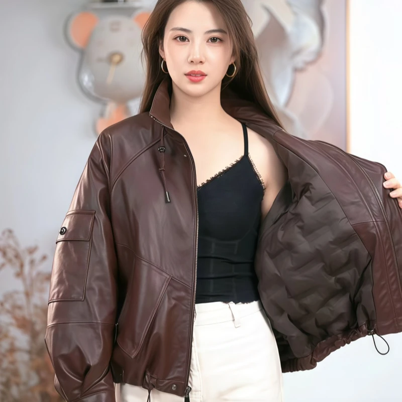 海宁双A新款小牛皮百搭短款真皮皮衣鹅绒外套女款爆款2025新款