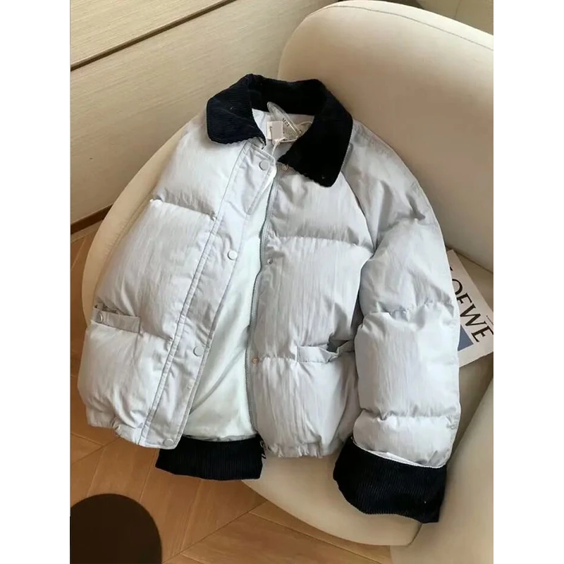 韩版撞色翻领面包服外套女冬季新款宽松极简风天宽棉袄长袖上衣潮