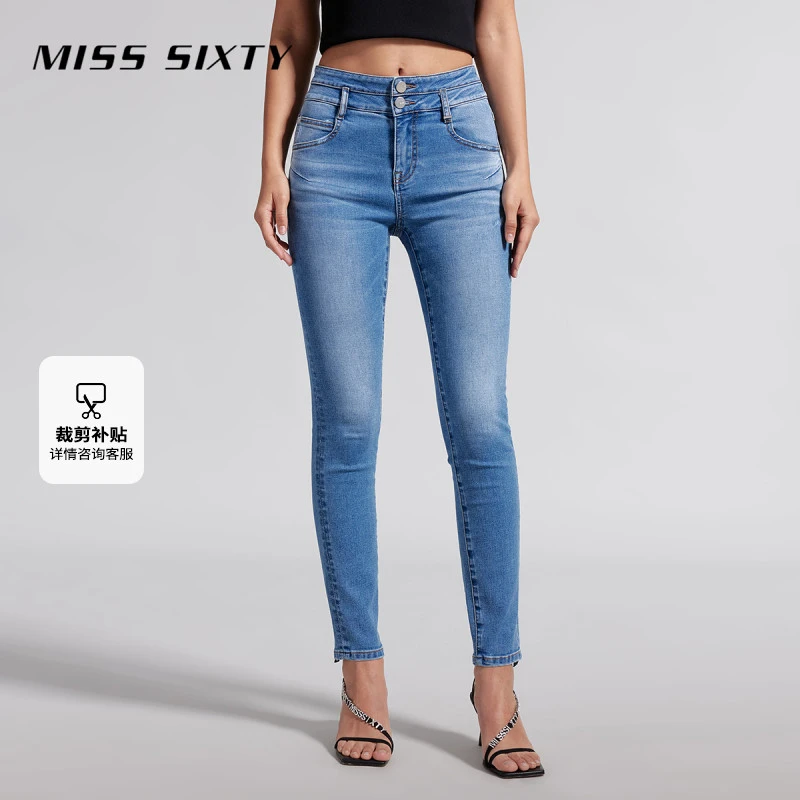 Miss Sixty夏新款牛仔裤女双扣复古修身小脚铅笔裤百搭显瘦流光风