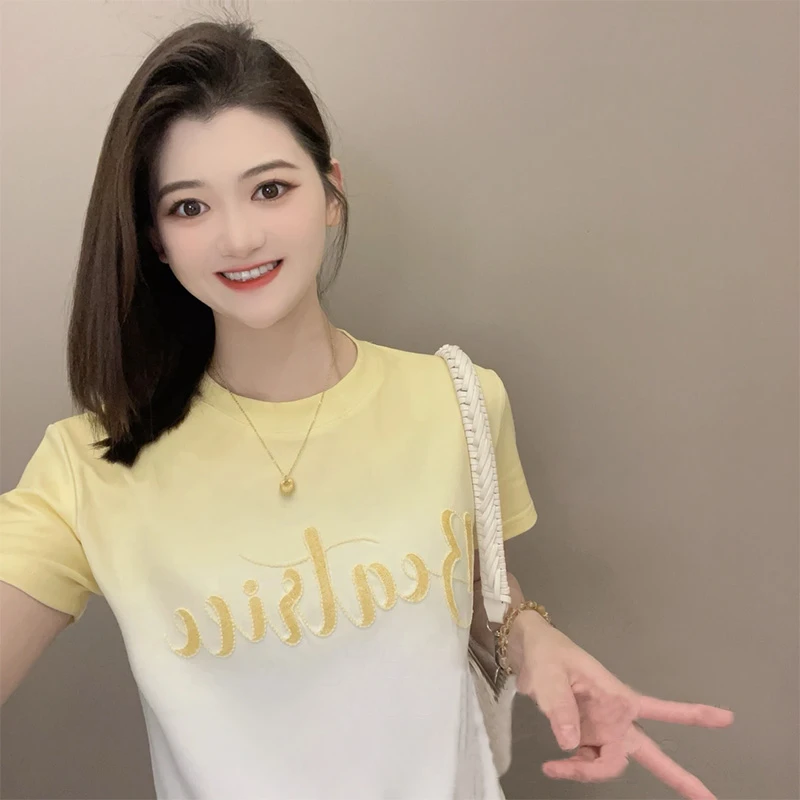 渐变短袖宽松型扎染拼接刺绣T恤印花设计感小众韩版夏装宽松