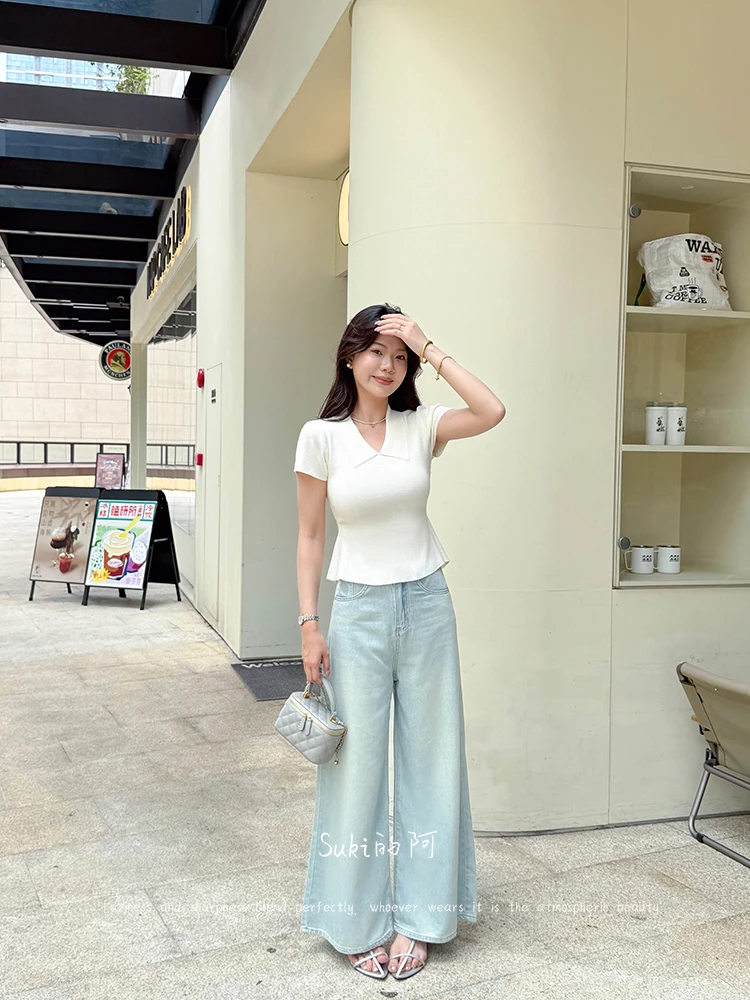 【云朵牛仔】夏季百搭薄款微喇高腰牛仔裤韩系休闲直筒宽松阔腿长裤