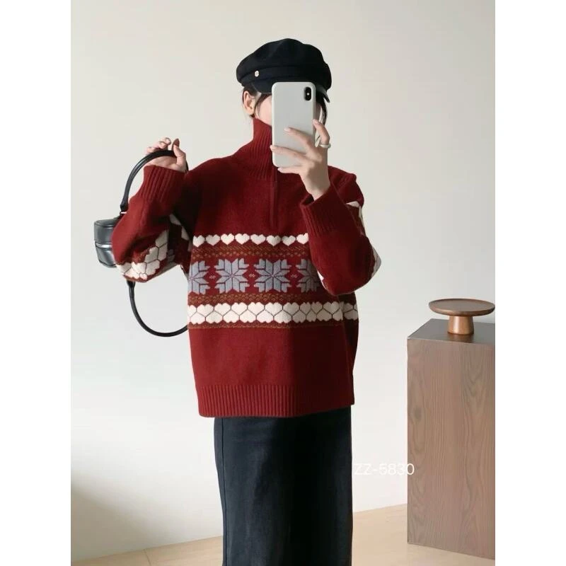 秋冬新款高领套头毛衣提花百搭潮流针织衫5830